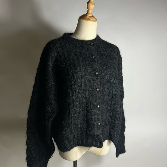 VINTAGE 90s Forenza Mohair Fuzzy Black Button Down Cardigan Large - Picture 2 of 8